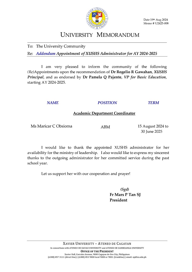 08202024 Web.MemoU U2425 008 240819 Addendum Appointment of XUSHS Administrator for AY 2024 2025