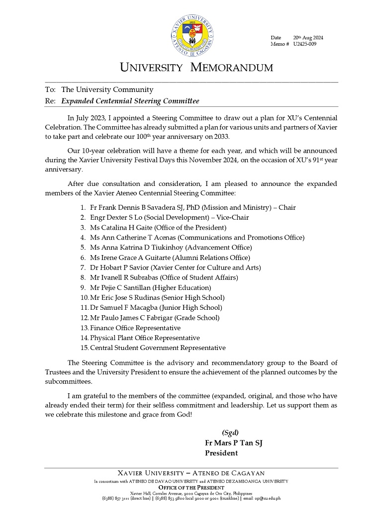 08202024.Web.MemoU U2425 009 240820 Expanded Centennial Steering Committee page 0001