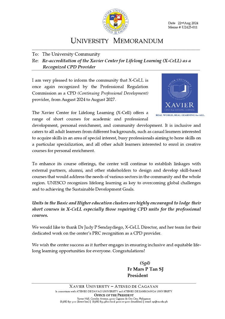 08222024.Web.MemoU U2425 011 240822 Re accreditation of the Xavier Center for Lifelong Learning X CeLL as a Recognized CPD Provider page 0001