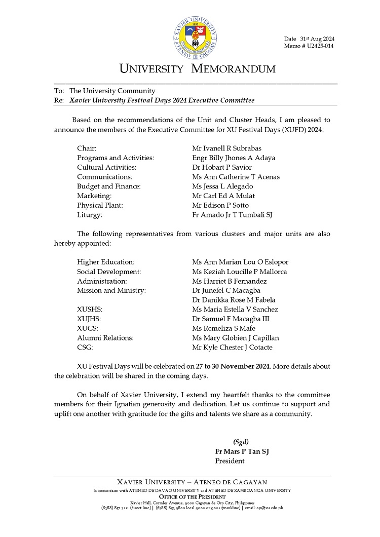 08312024.Web.MemoU U2425 014 240830 Xavier University Festival Days 2024 Executive Committee page 0001