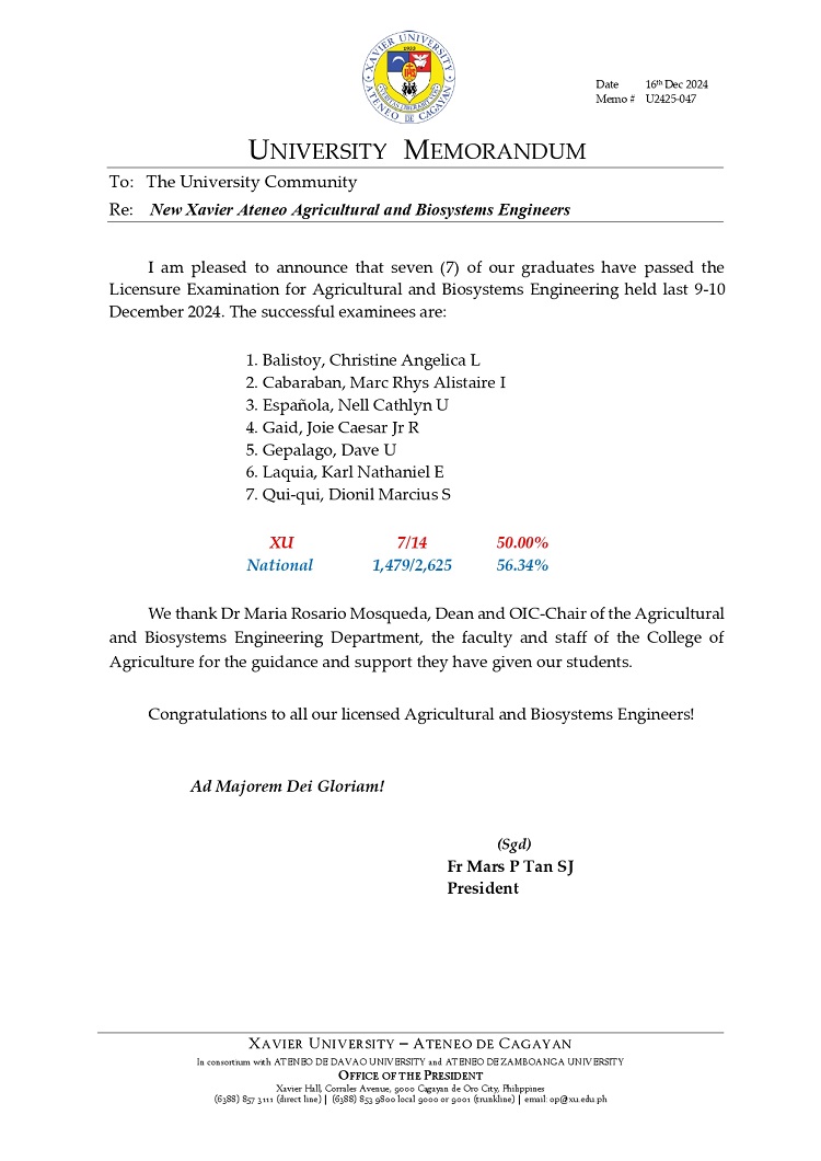 12162024.Web.MemoU U2425 047 241216 New Xavier Ateneo Agricultural and Biosystems Engineers