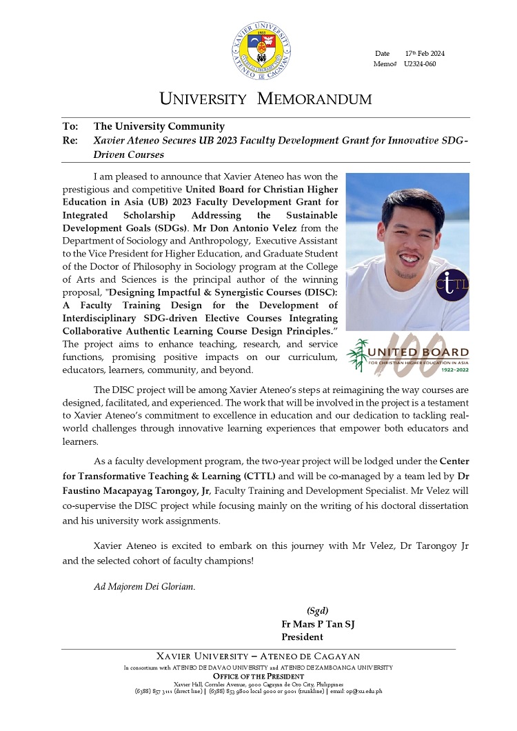 02172024.Web.MemoU U2324 060 240217 Xavier Ateneo Secures UB 2023 Faculty Development Grant for Innovative SDG Driven Courses