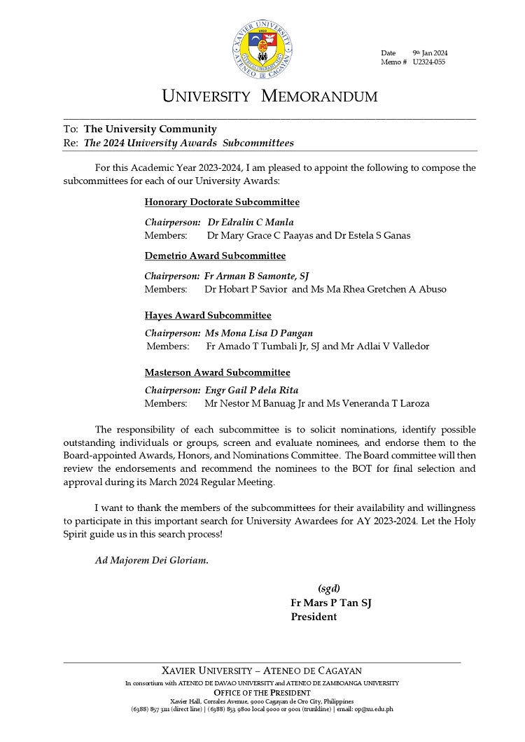 01102024.Web.MemoU U2324 055 240109 The University Awards 2024 Subcommittees page 0001