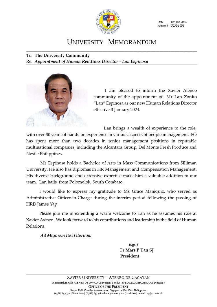 01192024.Web.MemoU Jan19 U2324 056 240109 Appointment of Human Relations Director Lan Espinosa