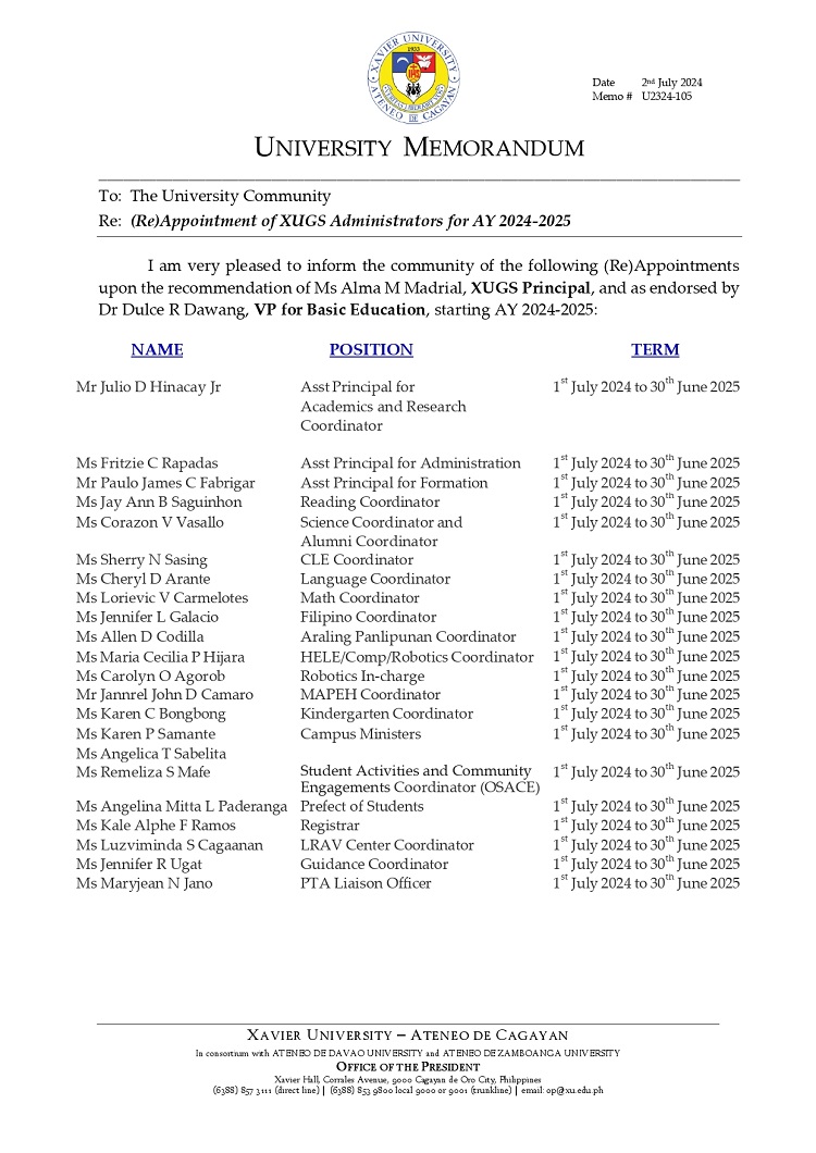 07032024.Web.MemoU U2324 105 240702 ReAppointment of XUGS Administrators for AY 2024 2025 page 1