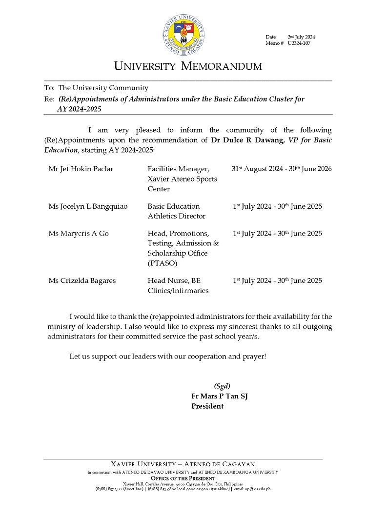 07032024.Web.MemoU U2324 107 240702 ReAppointments under the Basic Ed Cluster for AY 2024 2025 page 0001