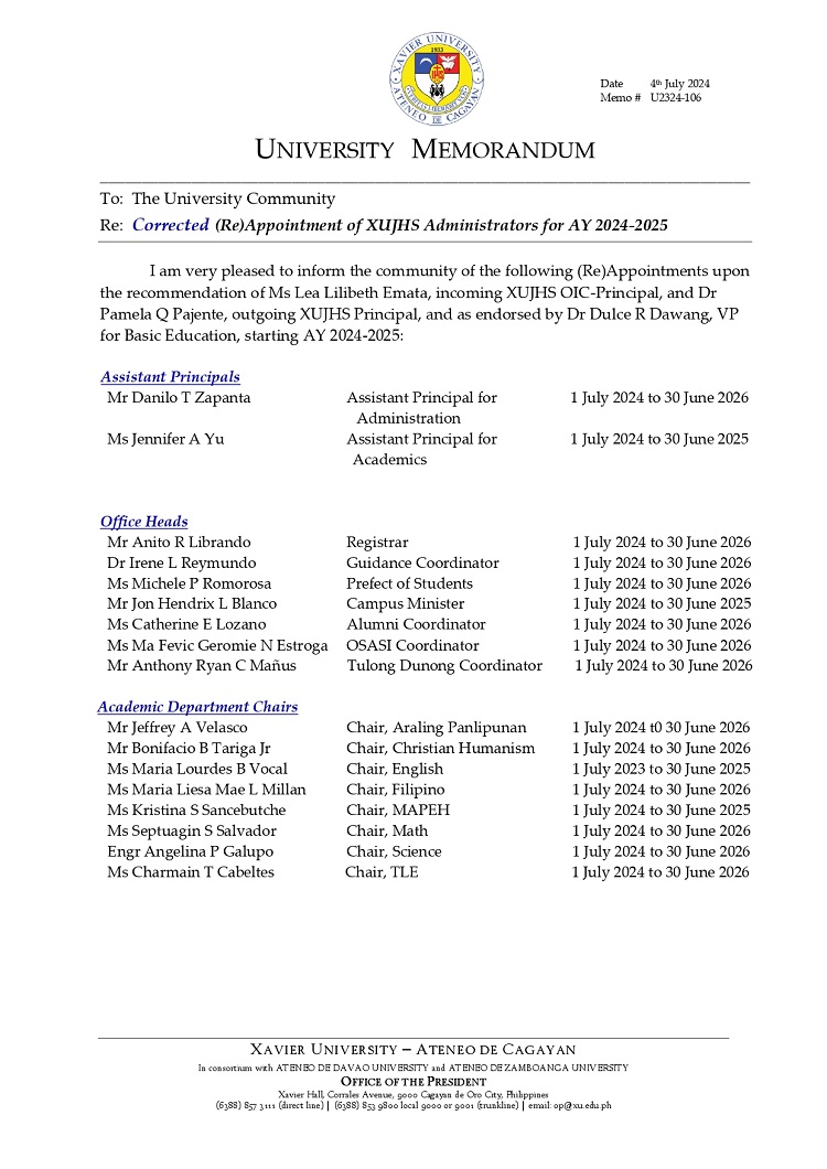 07162024.Web.MemoU Cor U2324 106 240704 ReAppointment of XUJHS Administrators for AY 2024 2025 page 0001