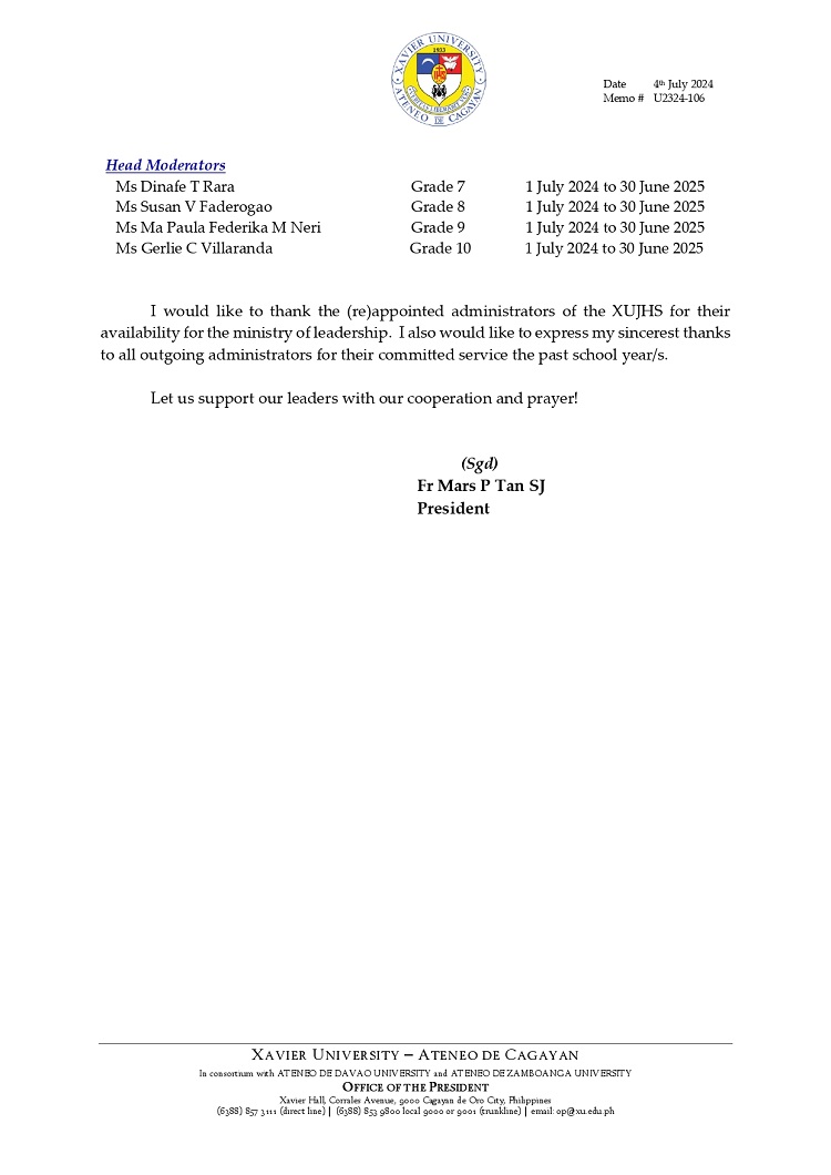 07162024.Web.MemoU Cor U2324 106 240704 ReAppointment of XUJHS Administrators for AY 2024 2025 page 0002