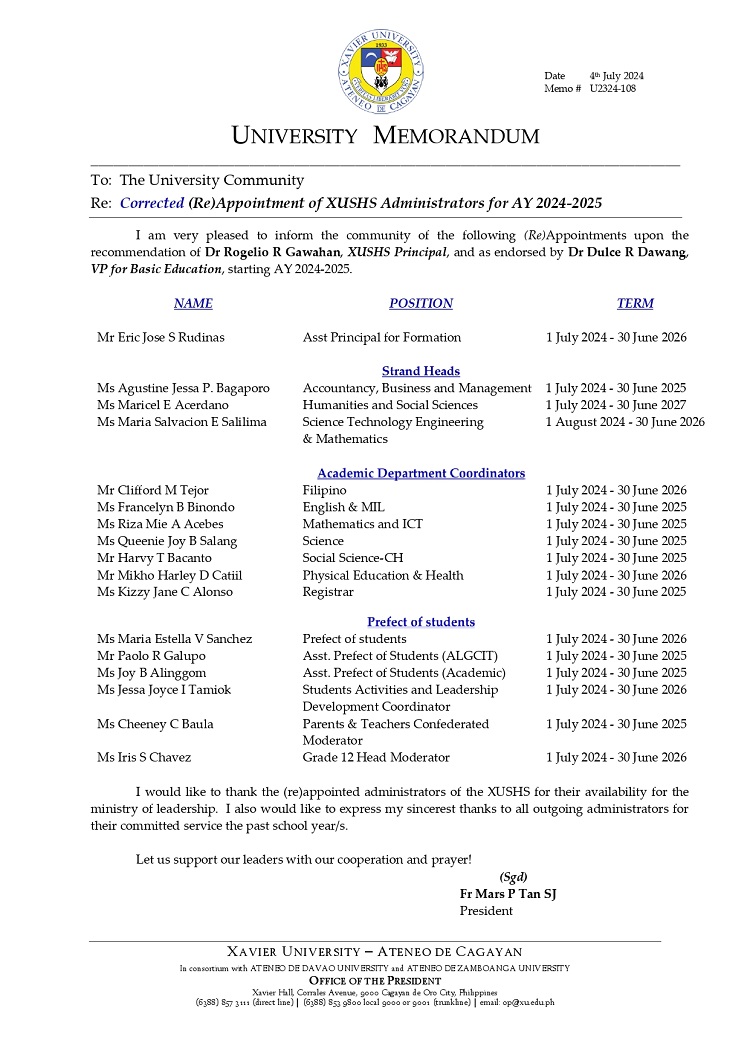 07172024.Web.MemoU U2324 108 240702 ReAppointment of XUSHS Administrators for SY 2024 2025 page 0001