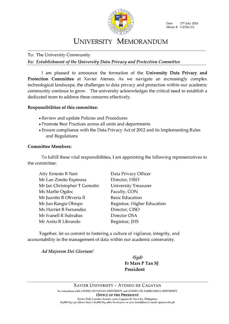07172024.Web.MemoU U2324 112 240717 Establishment of the University Data Privacy and Protection Committee