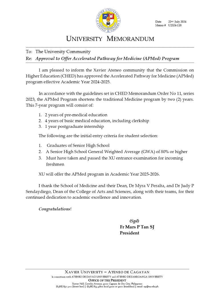 07232024.Web.MemoU U2324 118 240720 Approval to Offer Accelerated Pathway for Medicine APMed Program