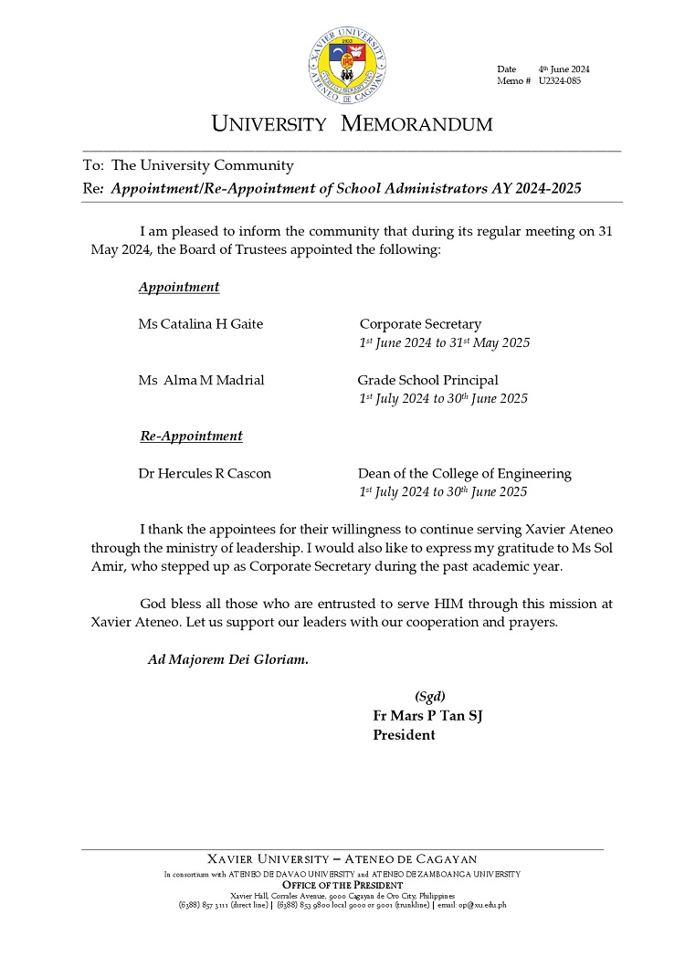 06042024.Web.MemoU U2324 085 240531 Appointment of University Administrators page 1