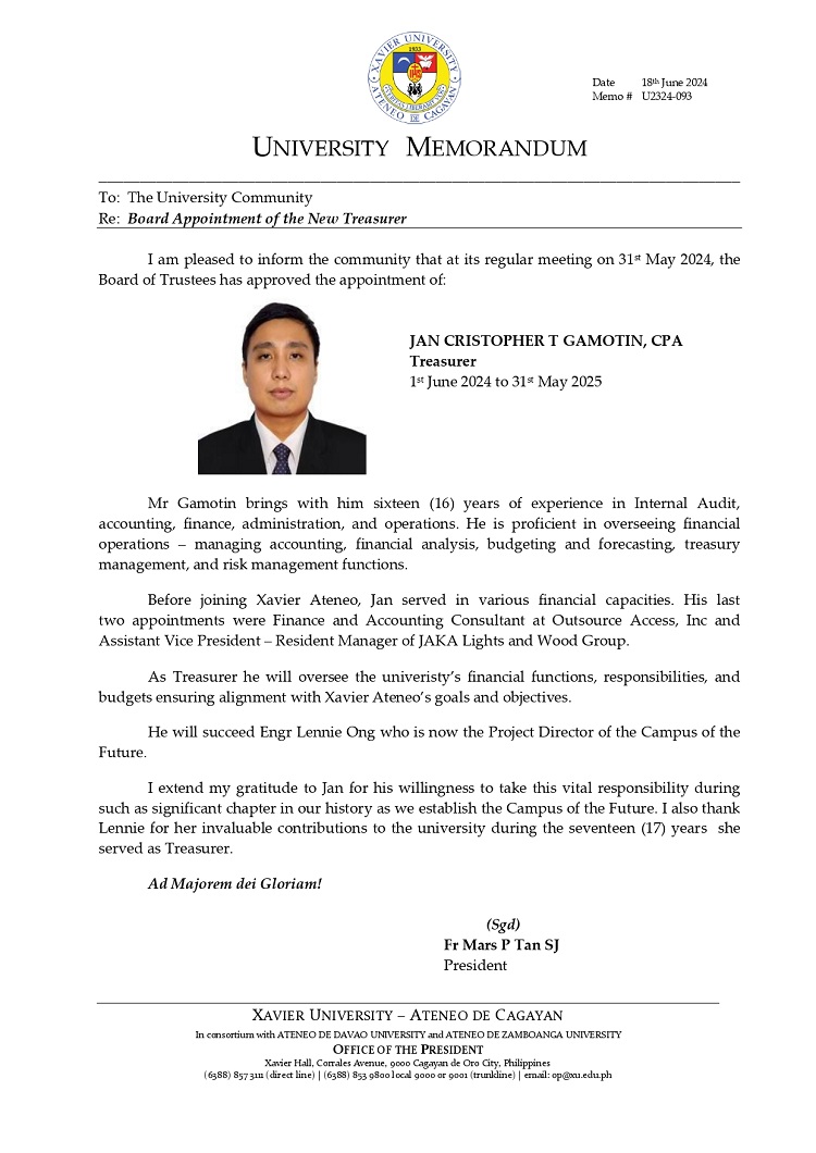 06192024.Web.MemoU U2324 093 240618 Board Appointment of the New Treasurer cor