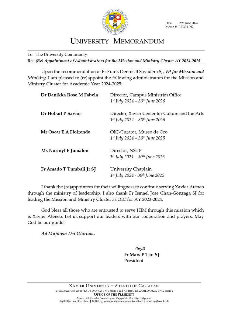 06252024.Web.MemoU U2324 097 240625 Re Appointment of Administrators for MM AY 2024 2025