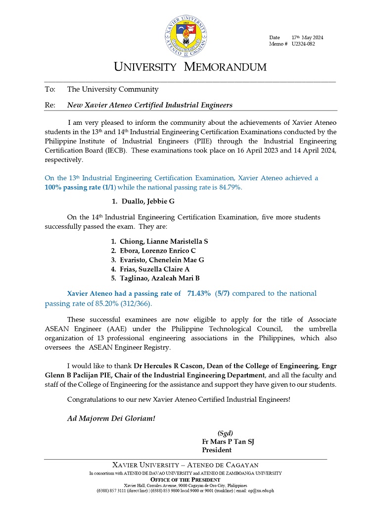 05182024.Web.MemoU U2324 082 240517 New Xavier Ateneo Certified Industrial Engineers page 0001
