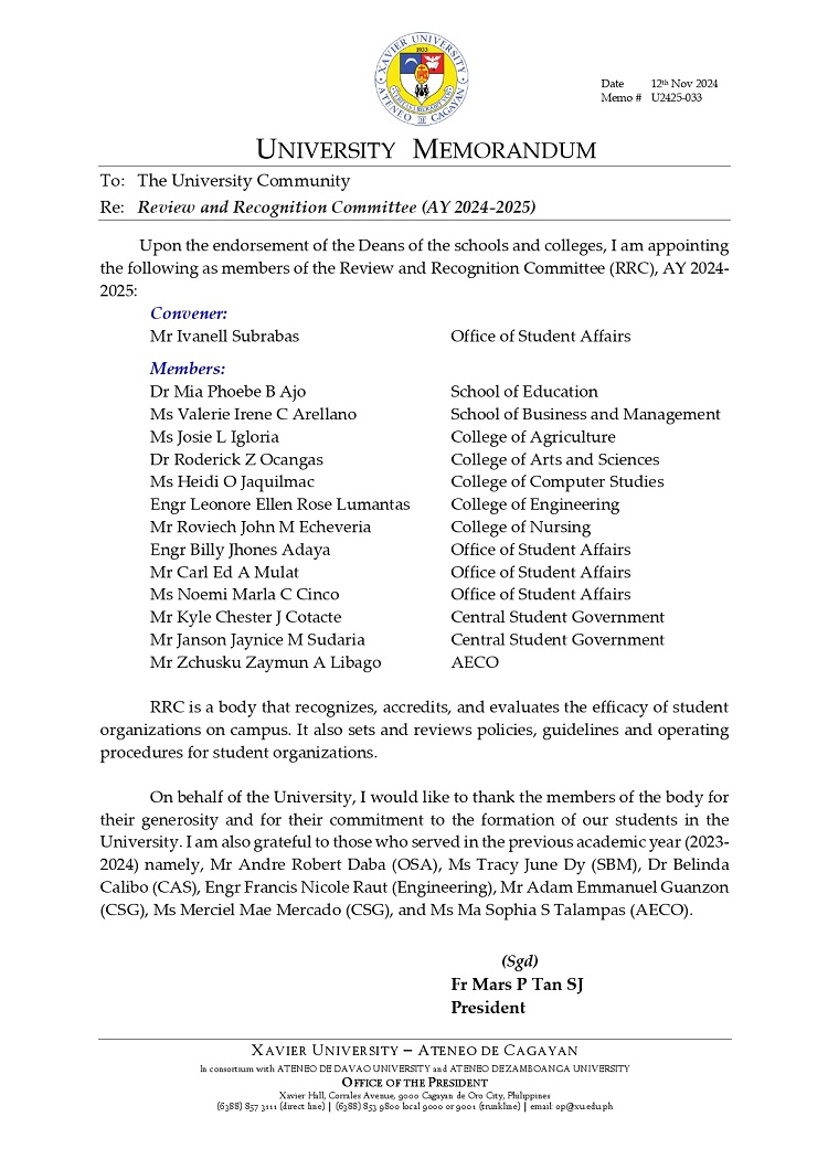 11122024.Web.MemoU U2425 033 241112 Review and Recognition Committee AY 2024 20251