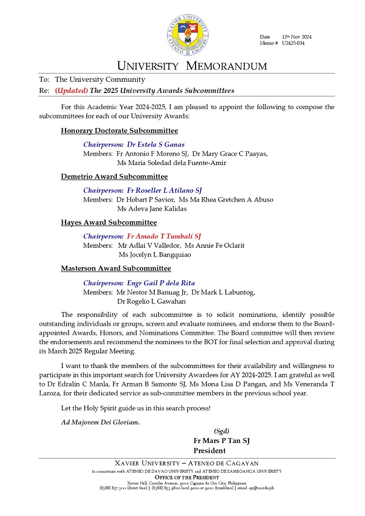 11132024.Web.MemoU U2425 034 241112 The 2025 University Awards Subcommittees Updated page 0001