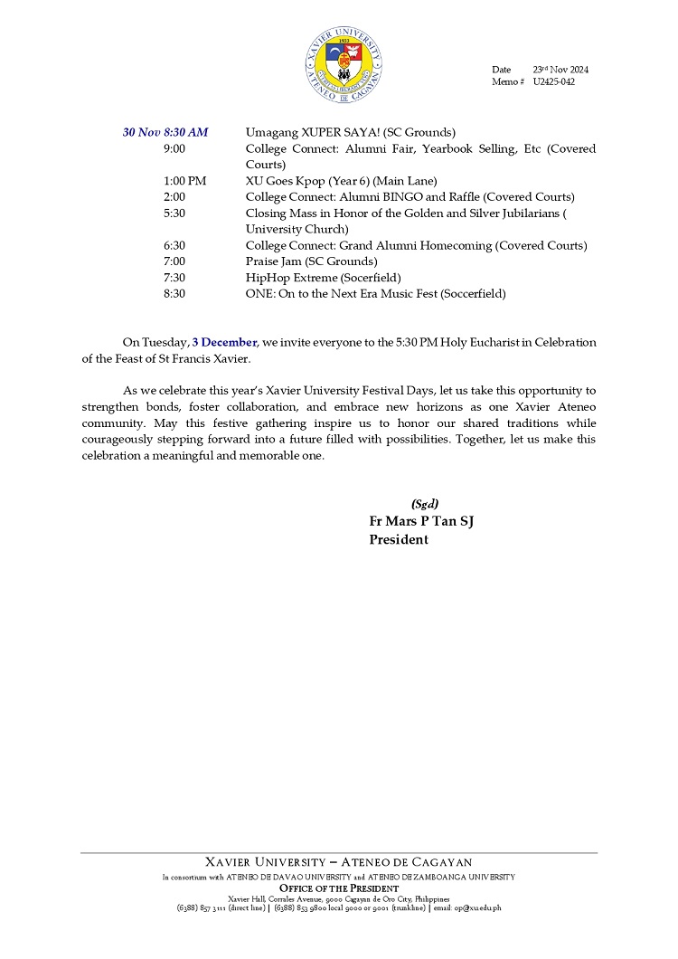 11252024.Web.MemoU U2425 042 241123 Xavier University Festival Days 2024 2
