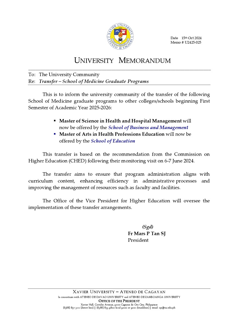 10152024.Web.MemoU U2425 025 241015 Transfer School of Medicine Graduate Programs page 0001
