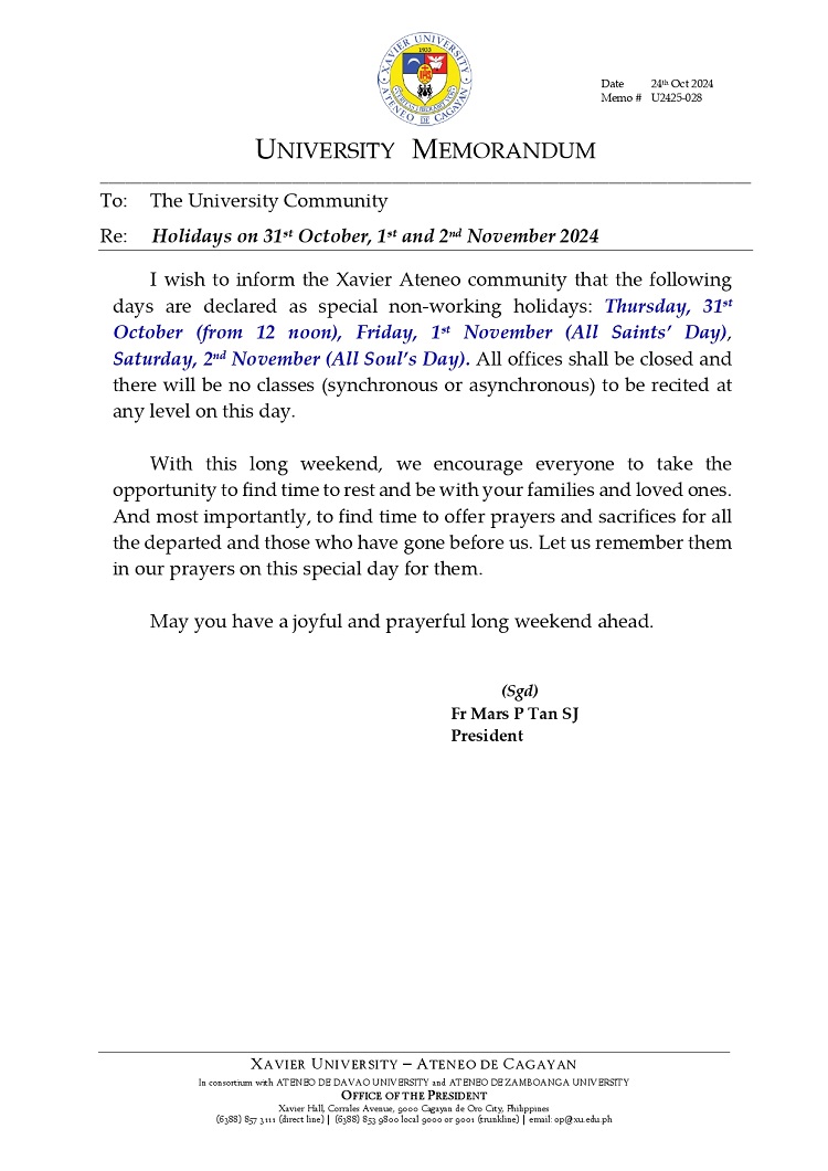 10242024.Web.MemoU U2425 028 241024 November 2 All Souls Day as a Non Working Holiday for XU page 0001