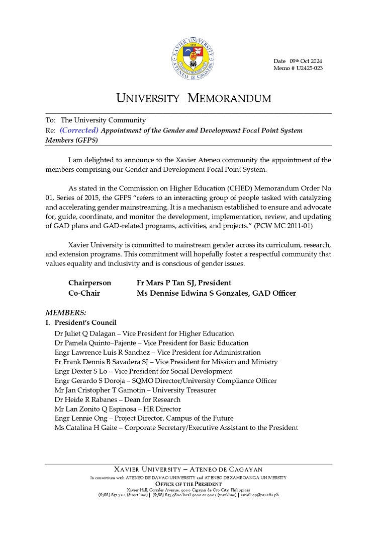 10302024.Web.MemoU U2425 023 241009 Appointment of the Gender and Development Focal Point System Members GFPS 1