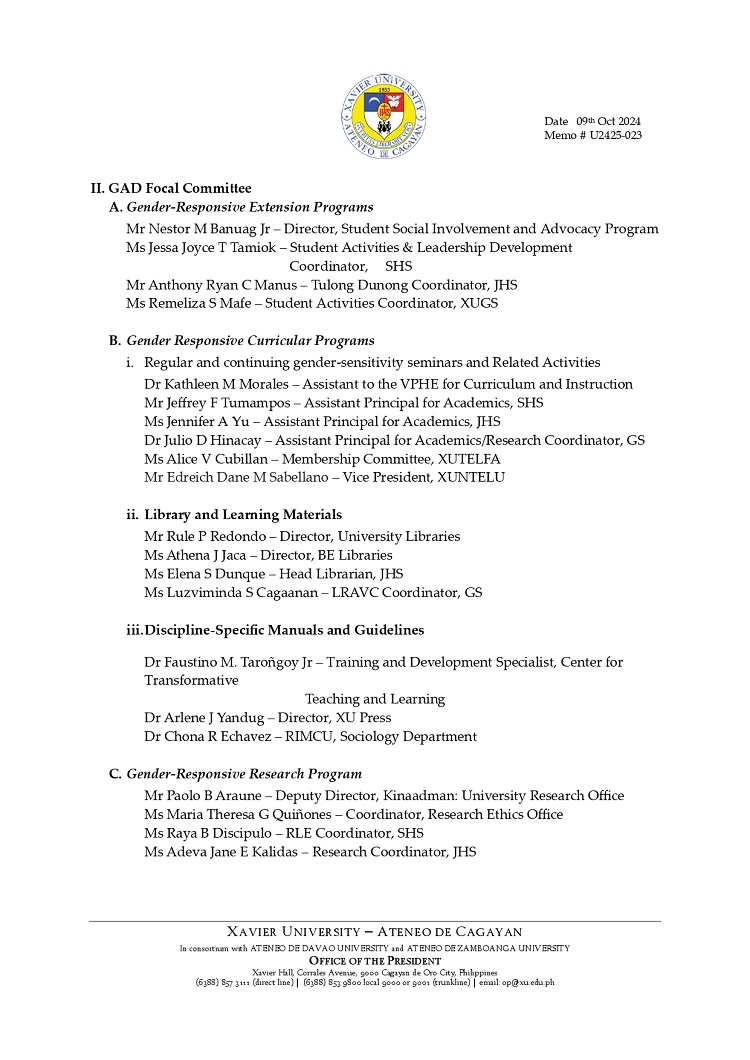 10302024.Web.MemoU U2425 023 241009 Appointment of the Gender and Development Focal Point System Members GFPS 2