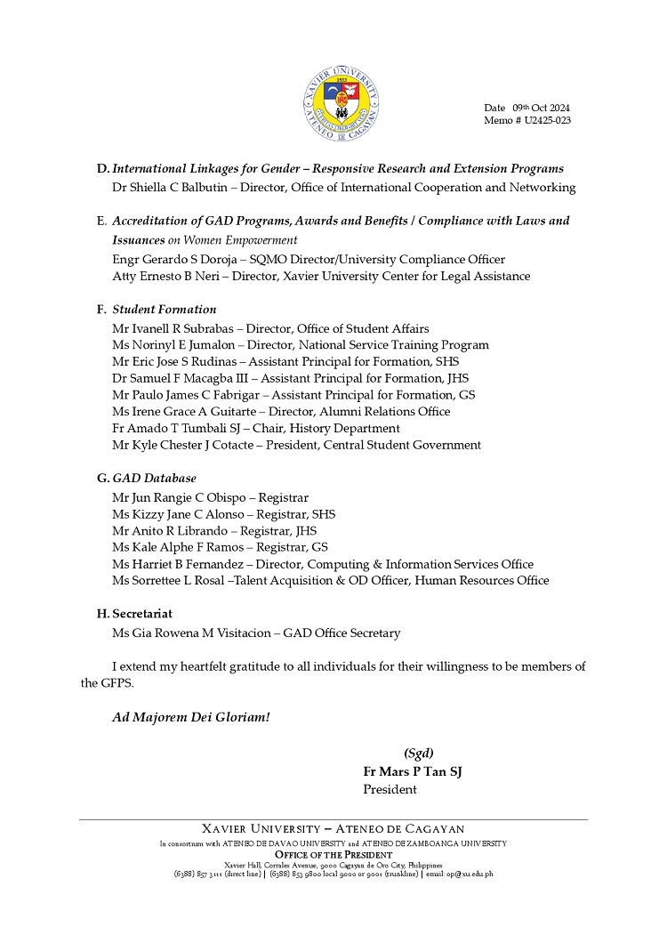 10302024.Web.MemoU U2425 023 241009 Appointment of the Gender and Development Focal Point System Members GFPS 3