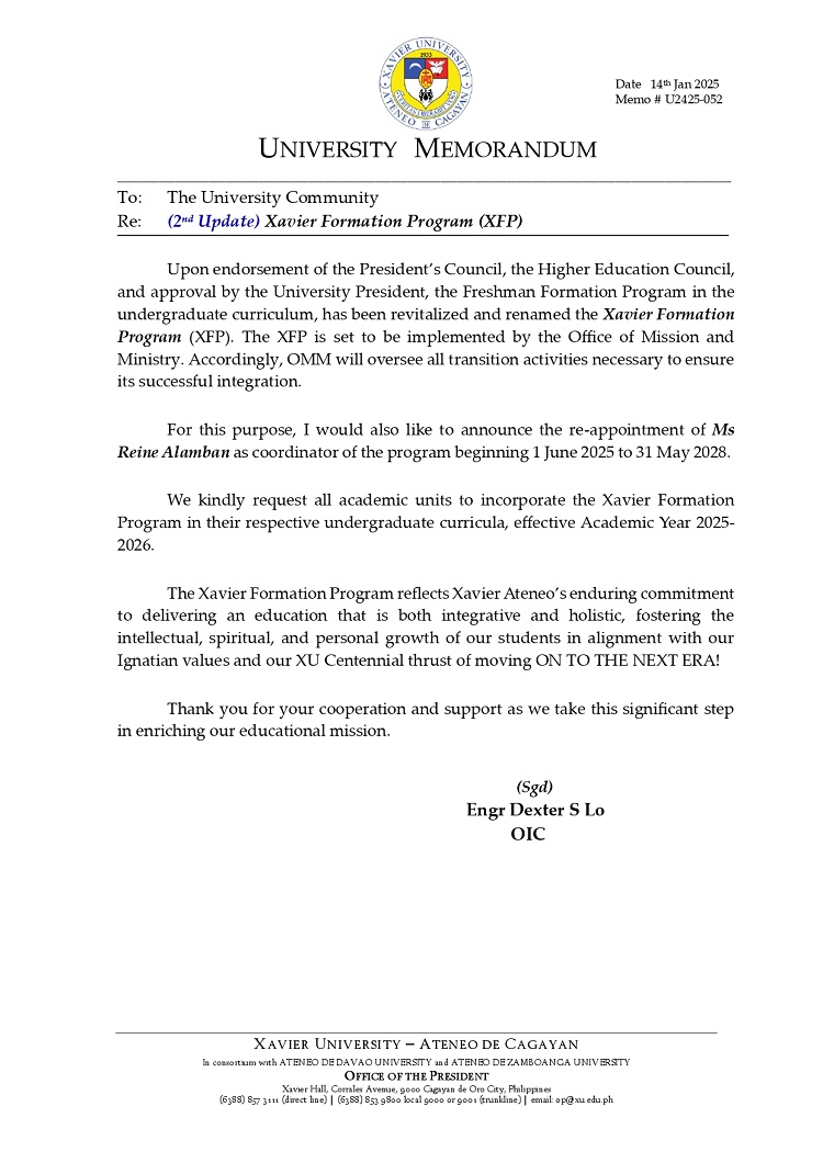 01142025.Web.MemoU U2425 052 090125 Xavier Formation Program XFP verJan14 page 0001