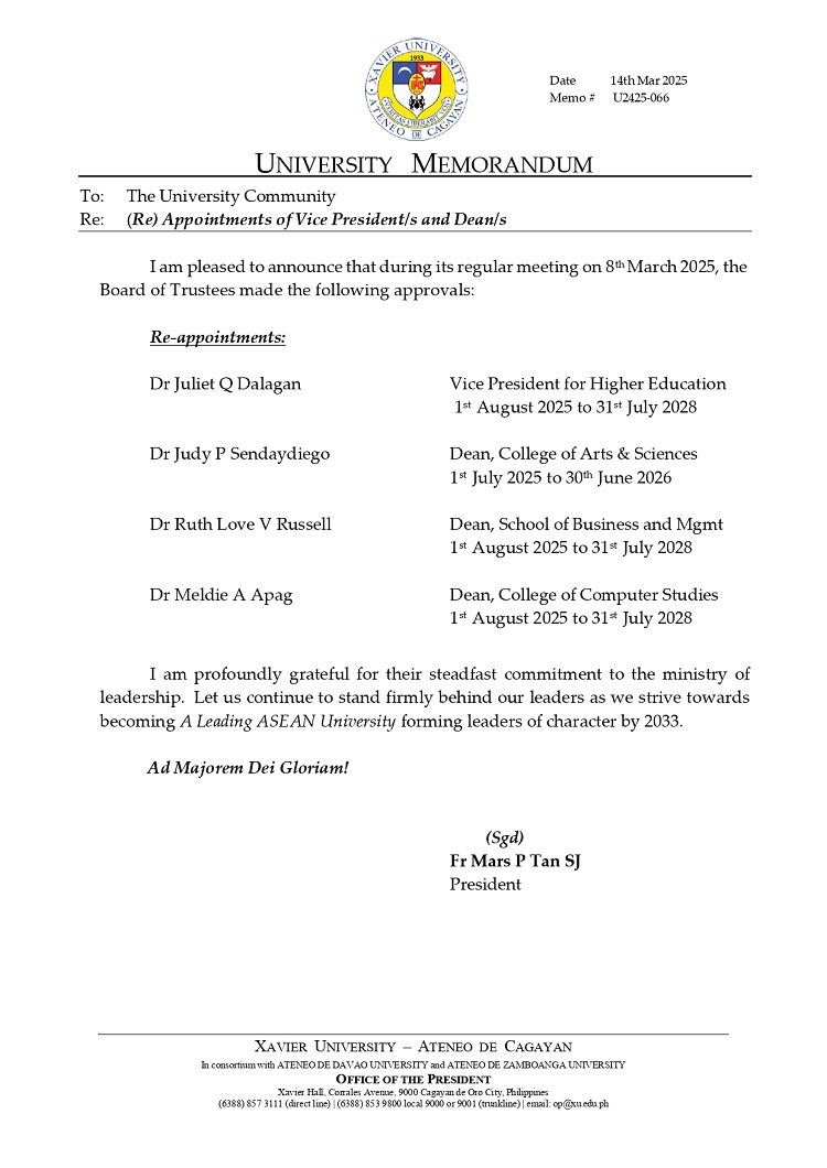 03142025.Web.MemoU U2425 066 250314 Re Appoitnments VPs and Deans 8Mar2025