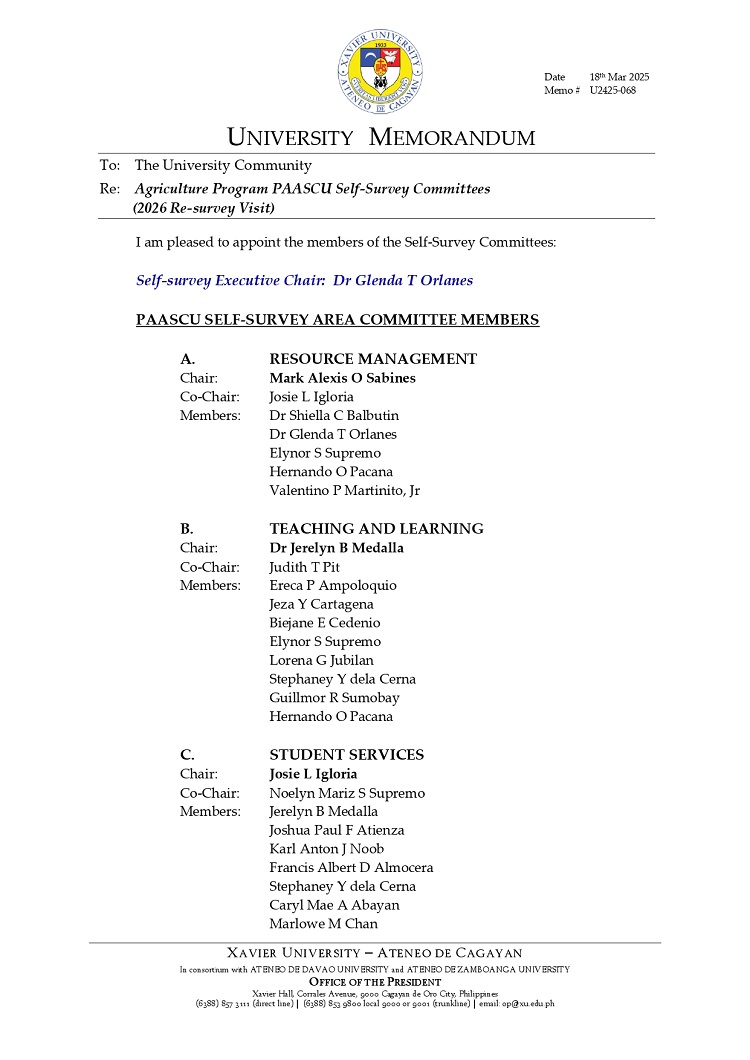 03182025.Web.MemoU U2425 068 250318 Agriculture Program PAASCU Self Survey Committees 2026 Re survey Visit 1