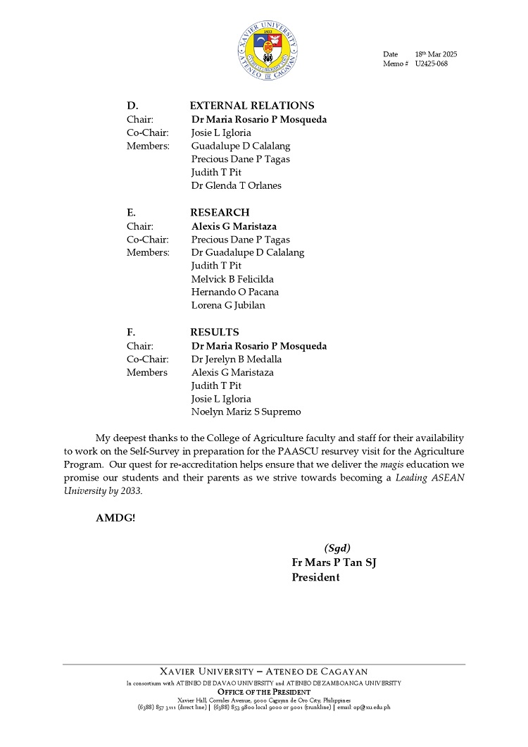 03182025.Web.MemoU U2425 068 250318 Agriculture Program PAASCU Self Survey Committees 2026 Re survey Visit 2
