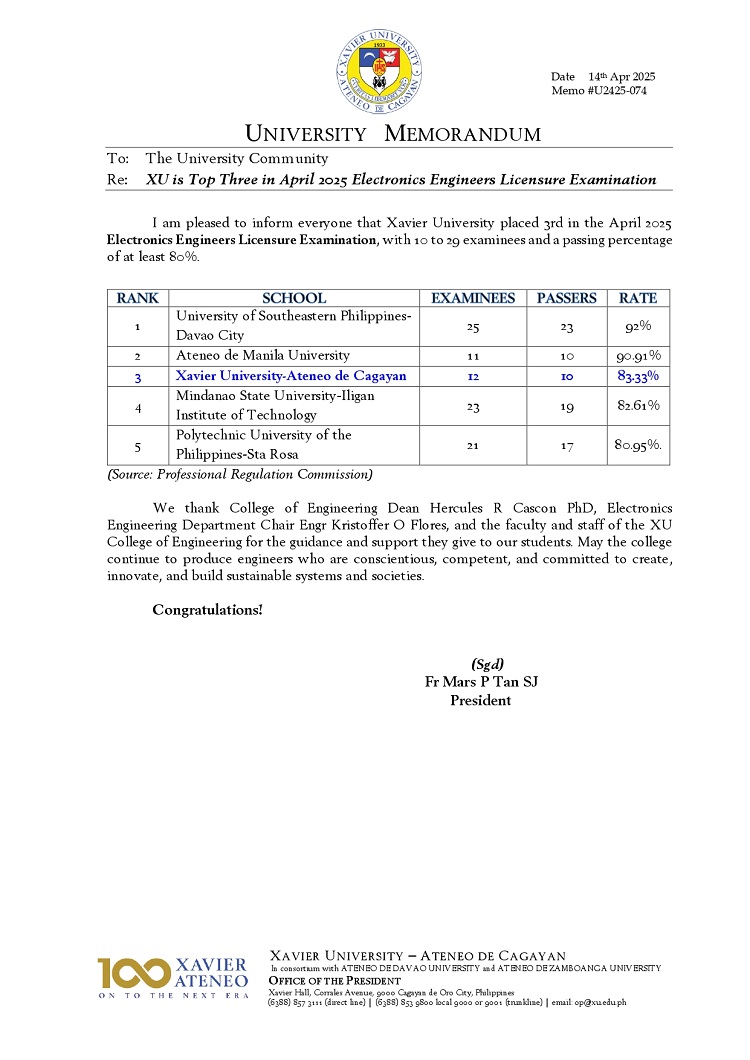 04142025.Web.MemoU U2425 074 250414 XU is Top Three in April 2025 Electronics Engineers Licensure Examination page 0001