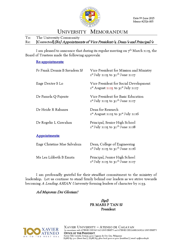 06132025.WEb.MemoU U2526 005 250609 Re Appointments of Vice Presidents Deans and Principals p1