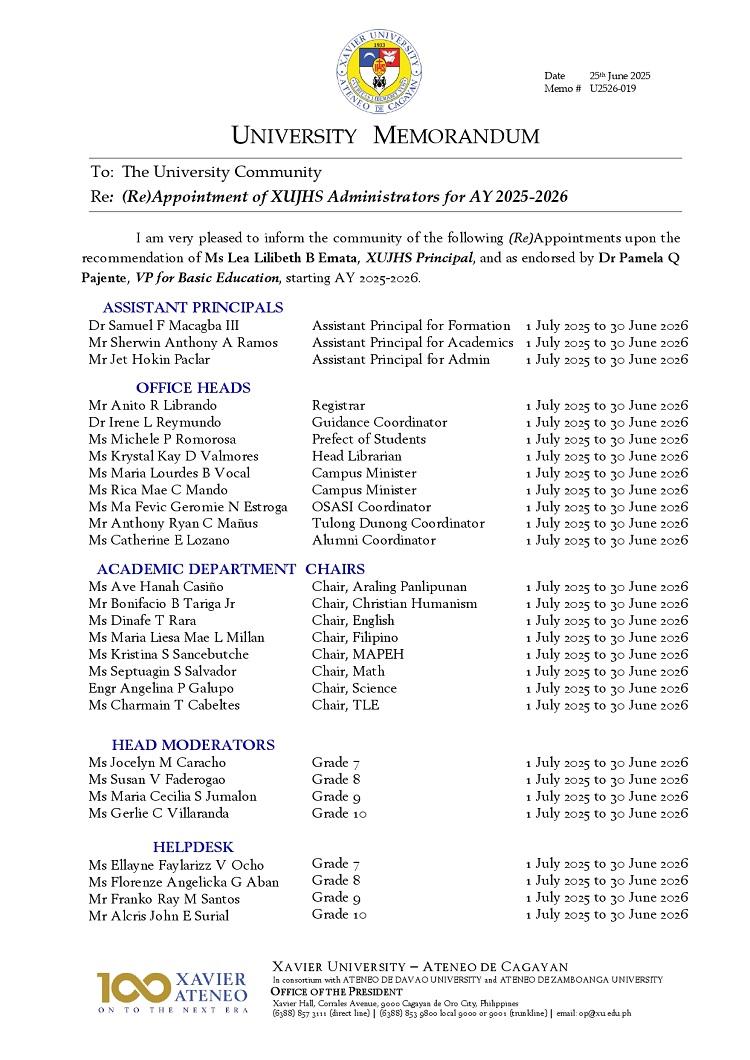 06252025.Web.MemoU U2526 019 250625 ReAppointment of XUJHS Administrators for AY 2025 2026 page 0001