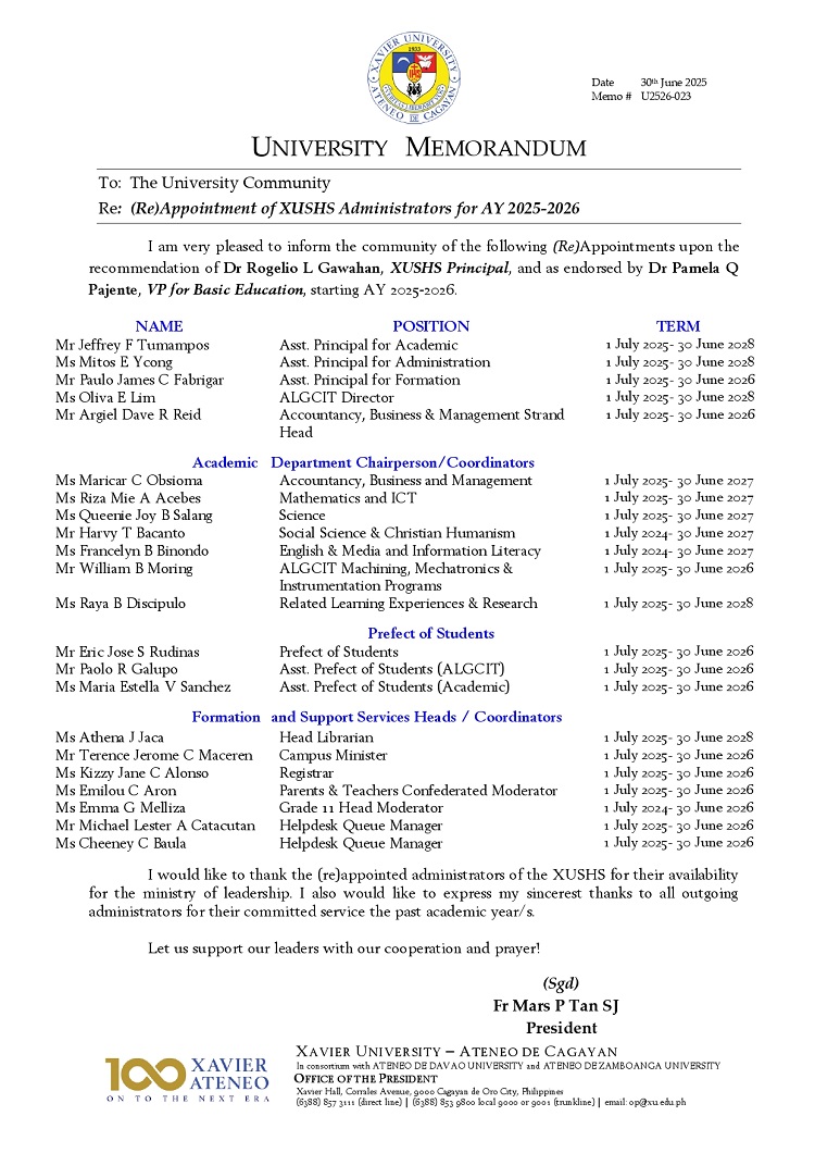 06302025.Web.MemoU U2526 023 250628 ReAppointment of XUSHS Administrators for AY 2025 2026 p1