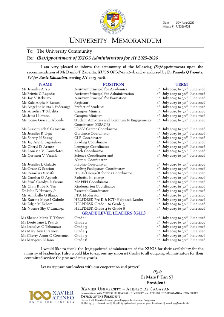 06302025.Web.MemoU U2526 024 250628 ReAppointment of XUGS Administrators for AY 2025 2026 page 0001