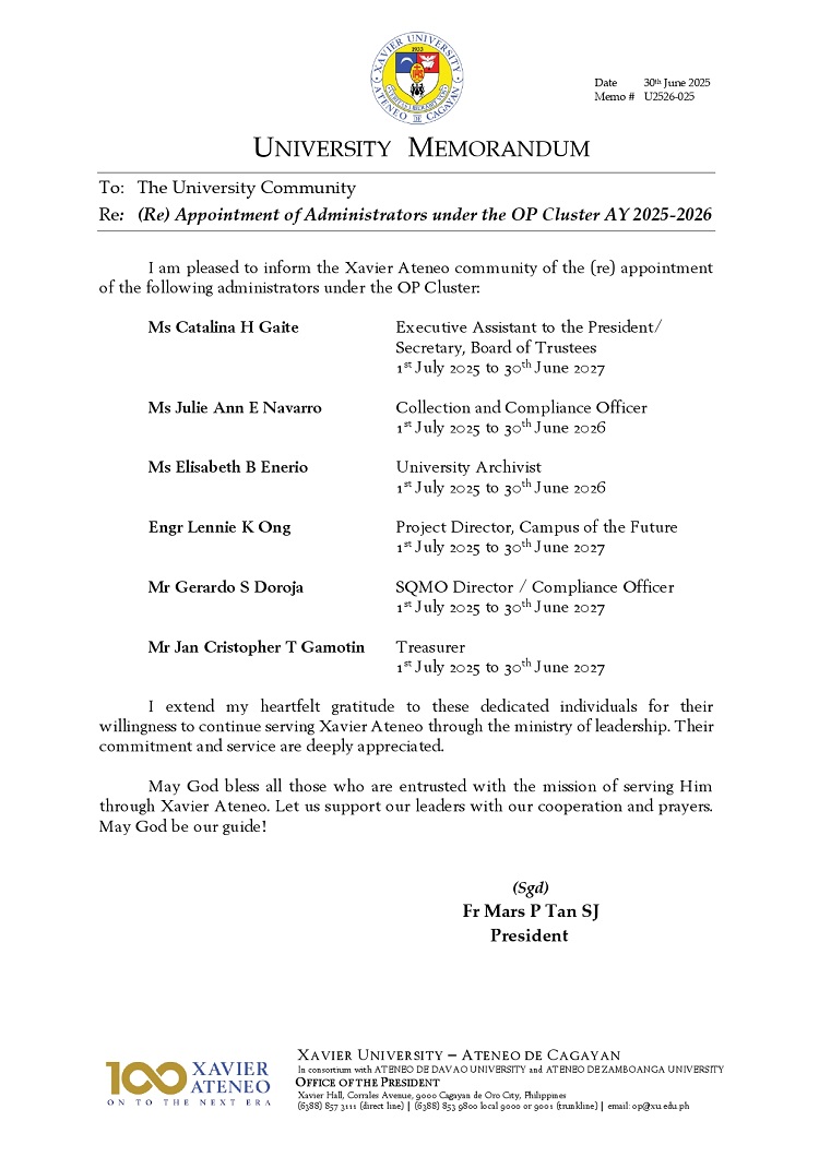 07032025.Web.MemoU U2526 025 250630 ReAppointment of Office of the President Cluster for AY 2025 2026 page 0001
