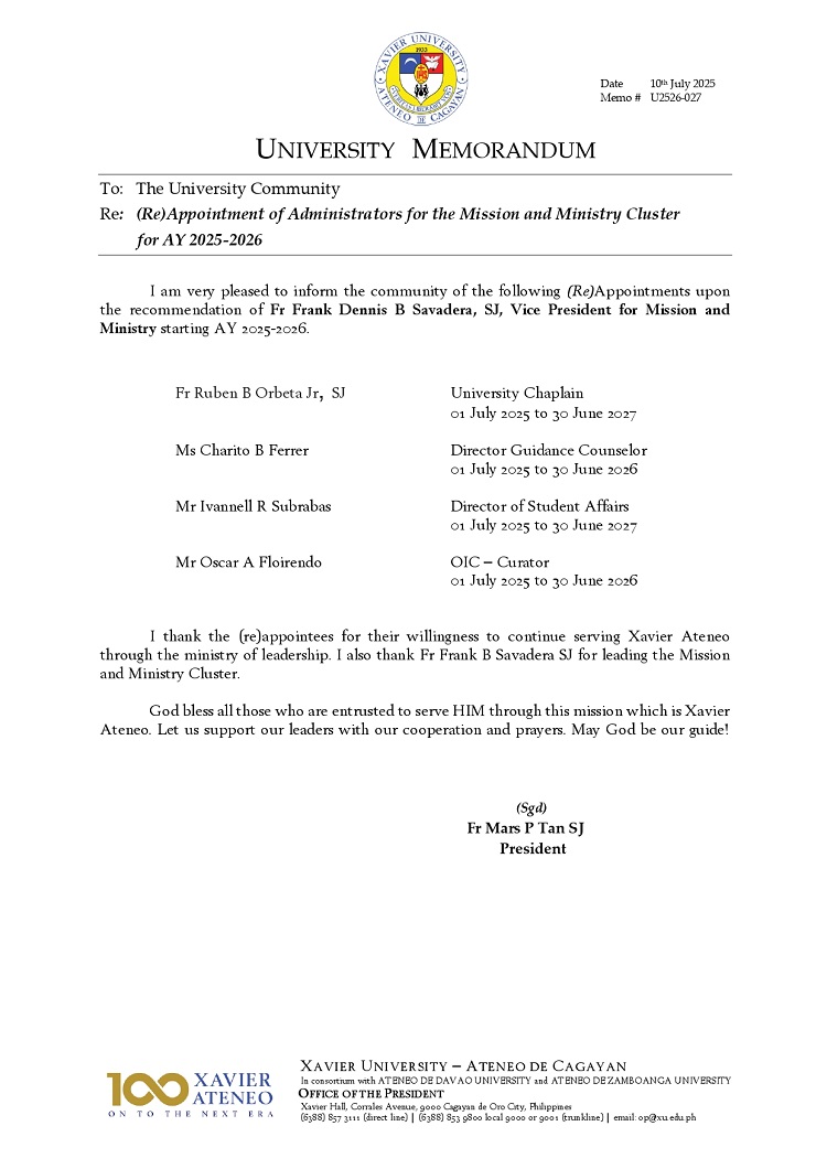 07102025.Web.MemoU U2526 027 251007 ReAppointment of Mission and Ministry Cluster for AY 2025 2026 page 0001