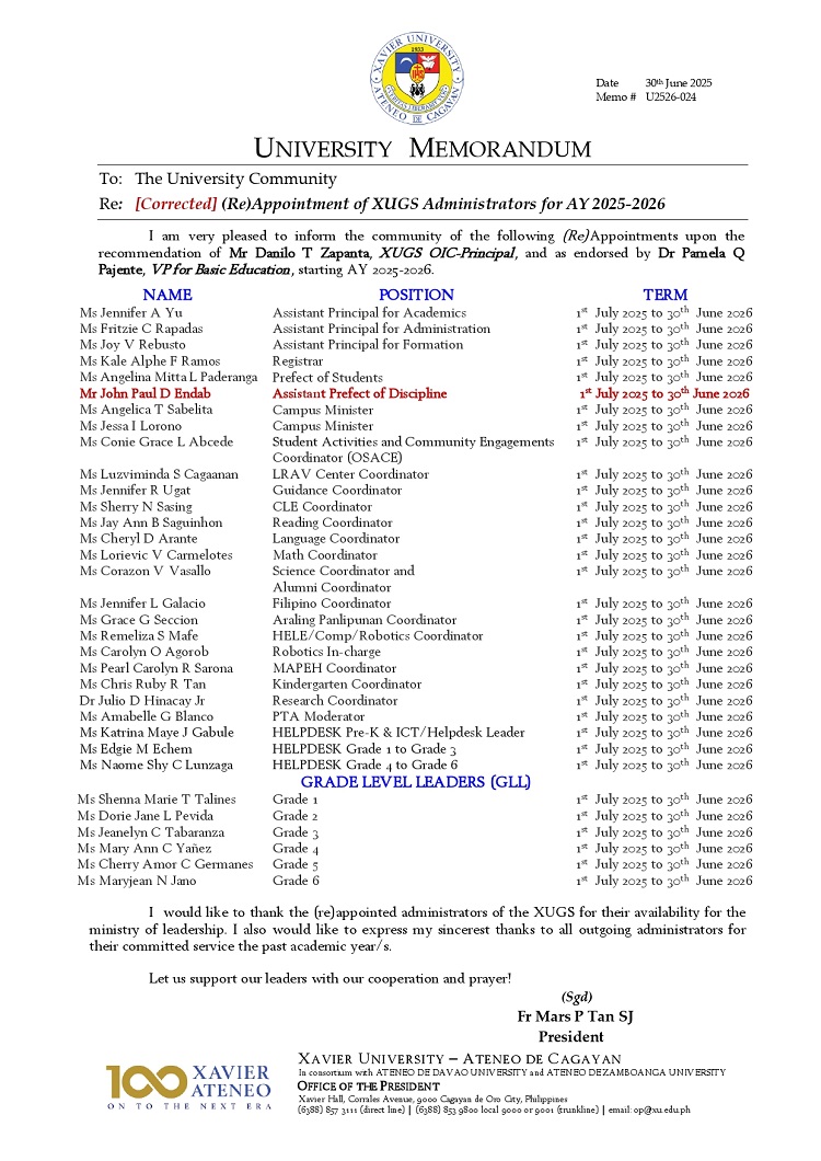 07142025.Web.MemoU U2526 024 250628 Corrected ReAppointment of XUGS Administrators for AY 2025 2026 p1