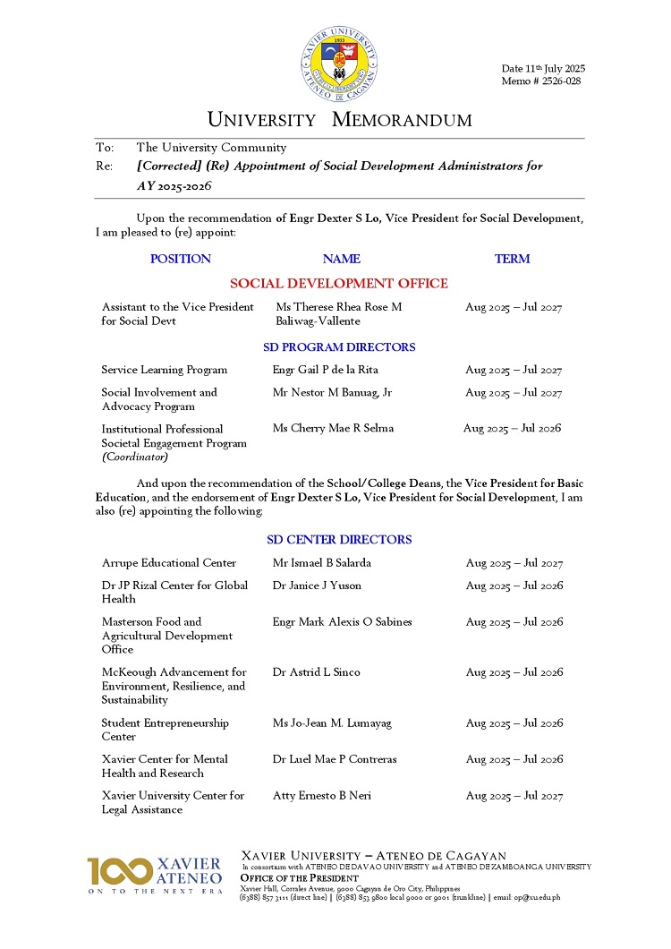 07282025.Web.MemoU U2526 030 250728 Corrected Re Appointment of SD Cluster Administrators 2025 2026 page 0001