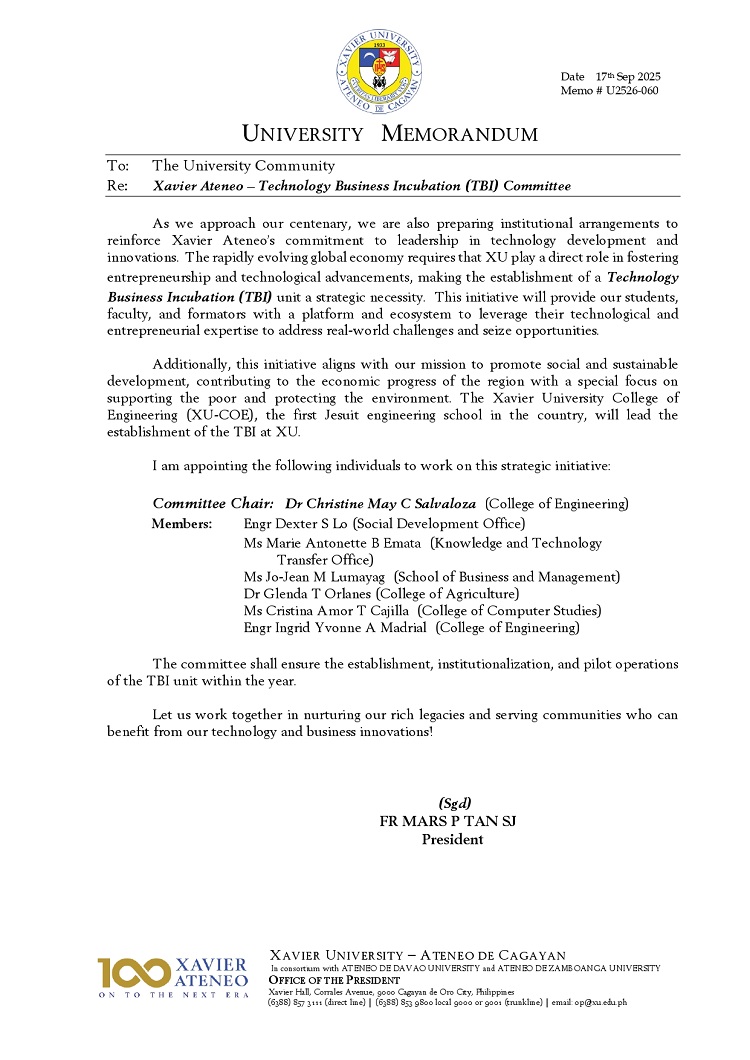 09202025.Web.MemoU U2526 060 20250917 Xavier Ateneo Technology Business Incubation TBI Committee p1