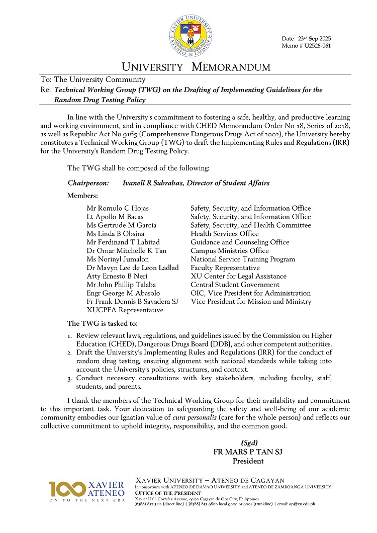 09242025.Web.MemoU U2526 061 20250923 Technical Working Group TWG on the Drafting of Implementing Guidelines for the Random Drug Testing Policy