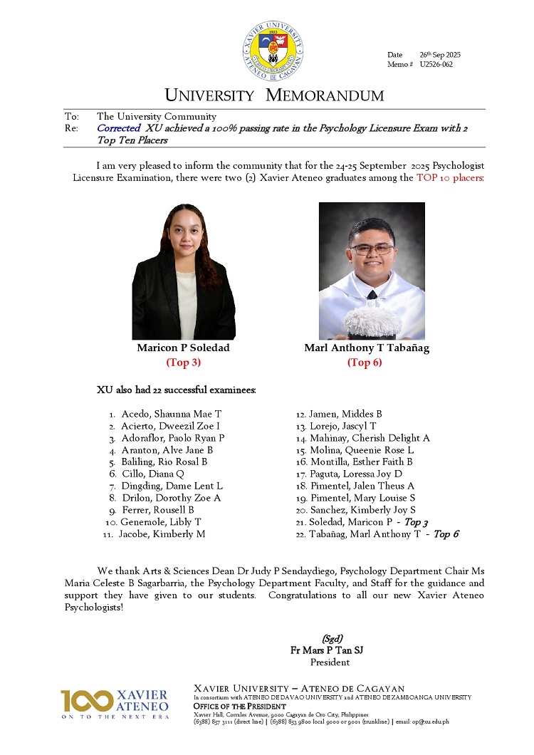 09292025.Web.MemoU U2526 062 20250926 XU achieved a 100 passing rate in the Psychology Licensure Exam with 2 Top Ten Placers page 1