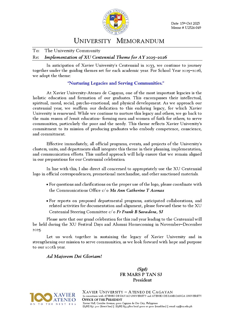 10152025.Web.MemoU U2526 049 20251015 Implementation of XU Centennial Theme for SY 20252026 page 0001