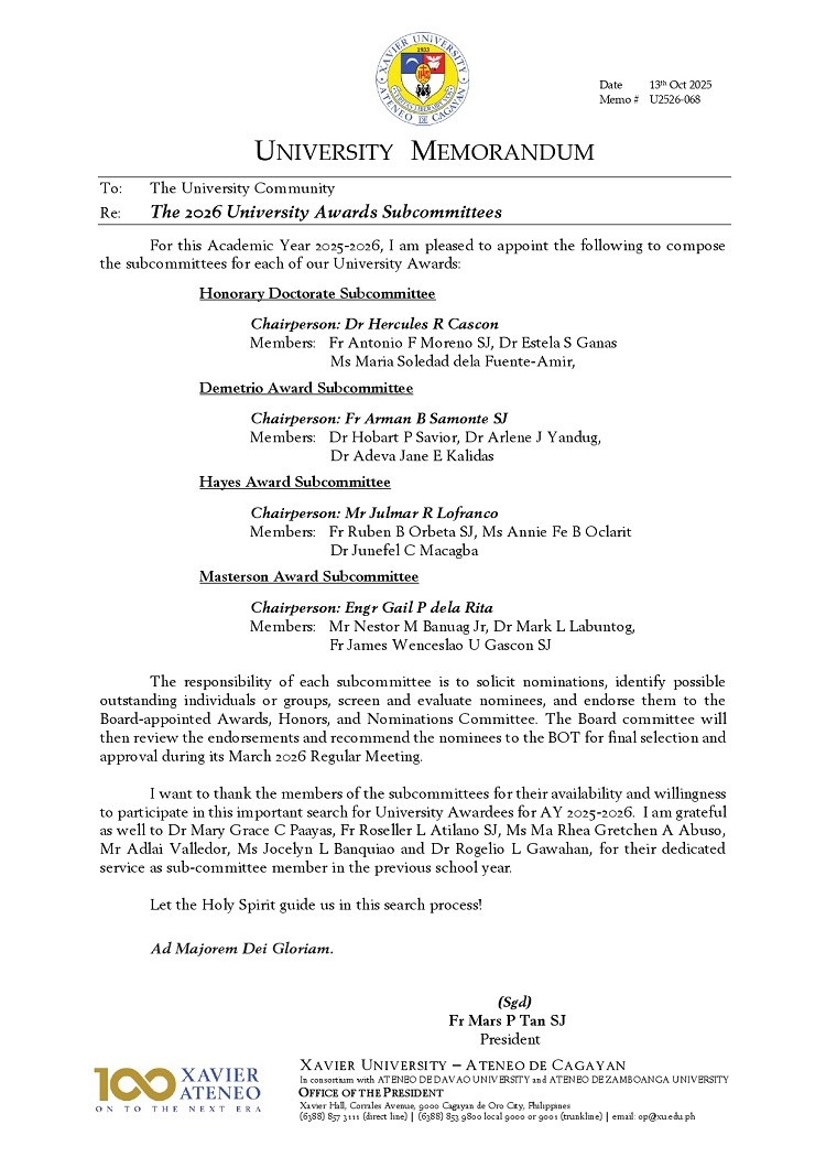 10172025.Web.MemoU U2526 068 20251013 The 2026 University Awards Subcommittees page 0001