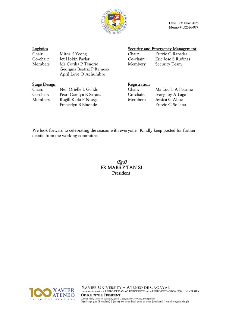 11072025.Web.MemoU U2526 077 06112025 XU Christmas Party 2025 Steering Committee 1