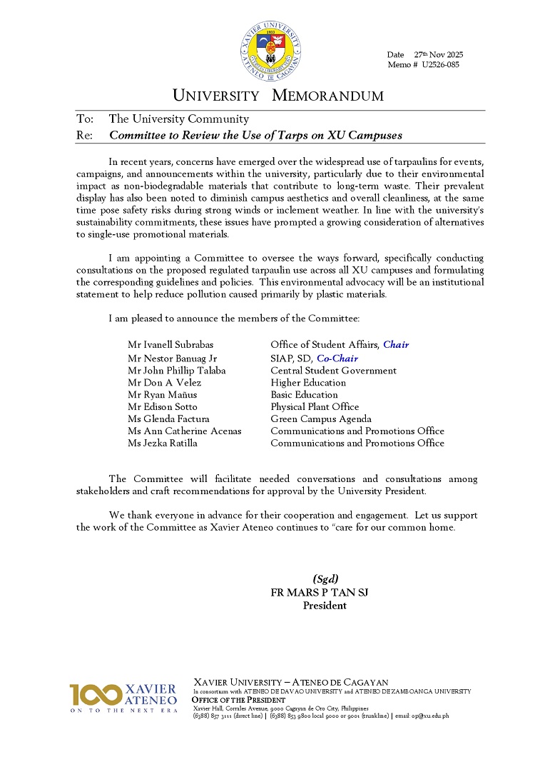 11272025.Web.MemoU U2526 085 20251127 Committee to Review the use of Tarps on XU Campuses page 0001