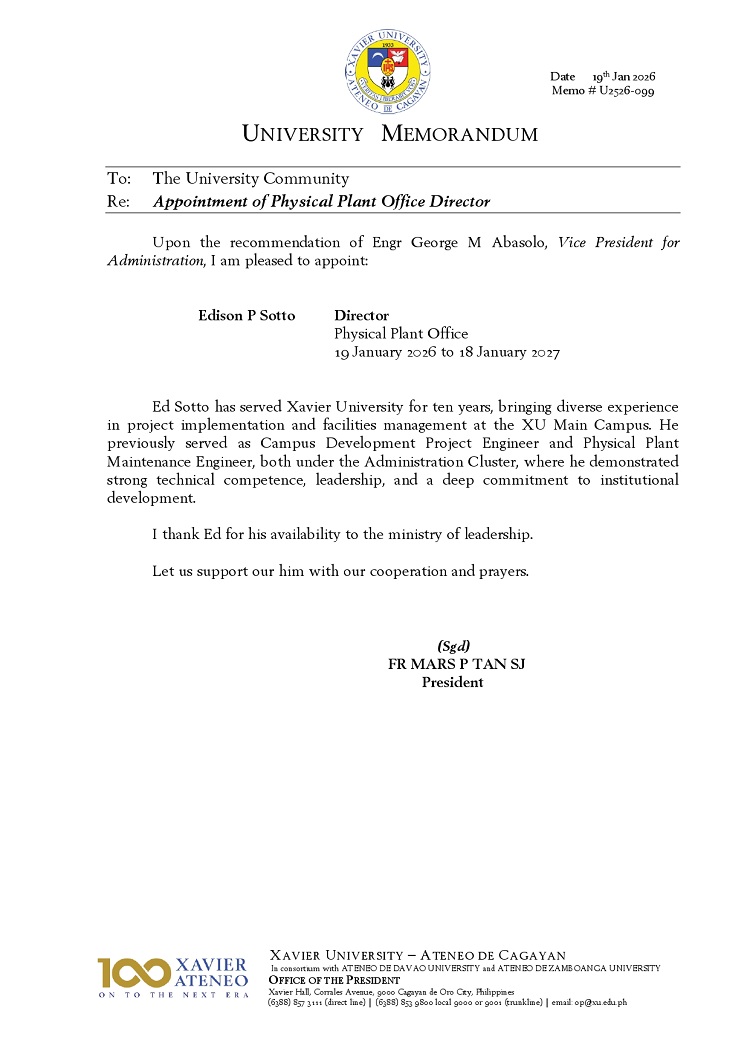 01202026.Web.MemoU U2526 099 20260119 Appointment of Physical Plant Director page 0001