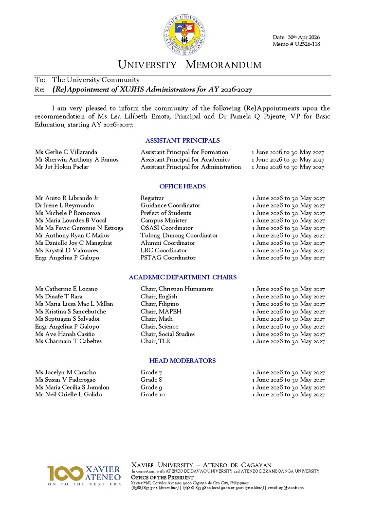 05112026.Web.MemoU U2526 118 20260430 ReAppointment of XUJHS Administrators for AY 2026 2027 page 0001