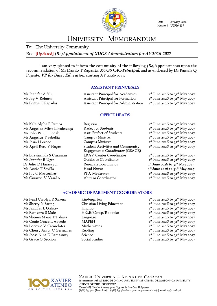 05112026.Web.MemoU U2526 119 20260505 ReAppointment of XUGS Administrators for AY 2026 2027 page 1